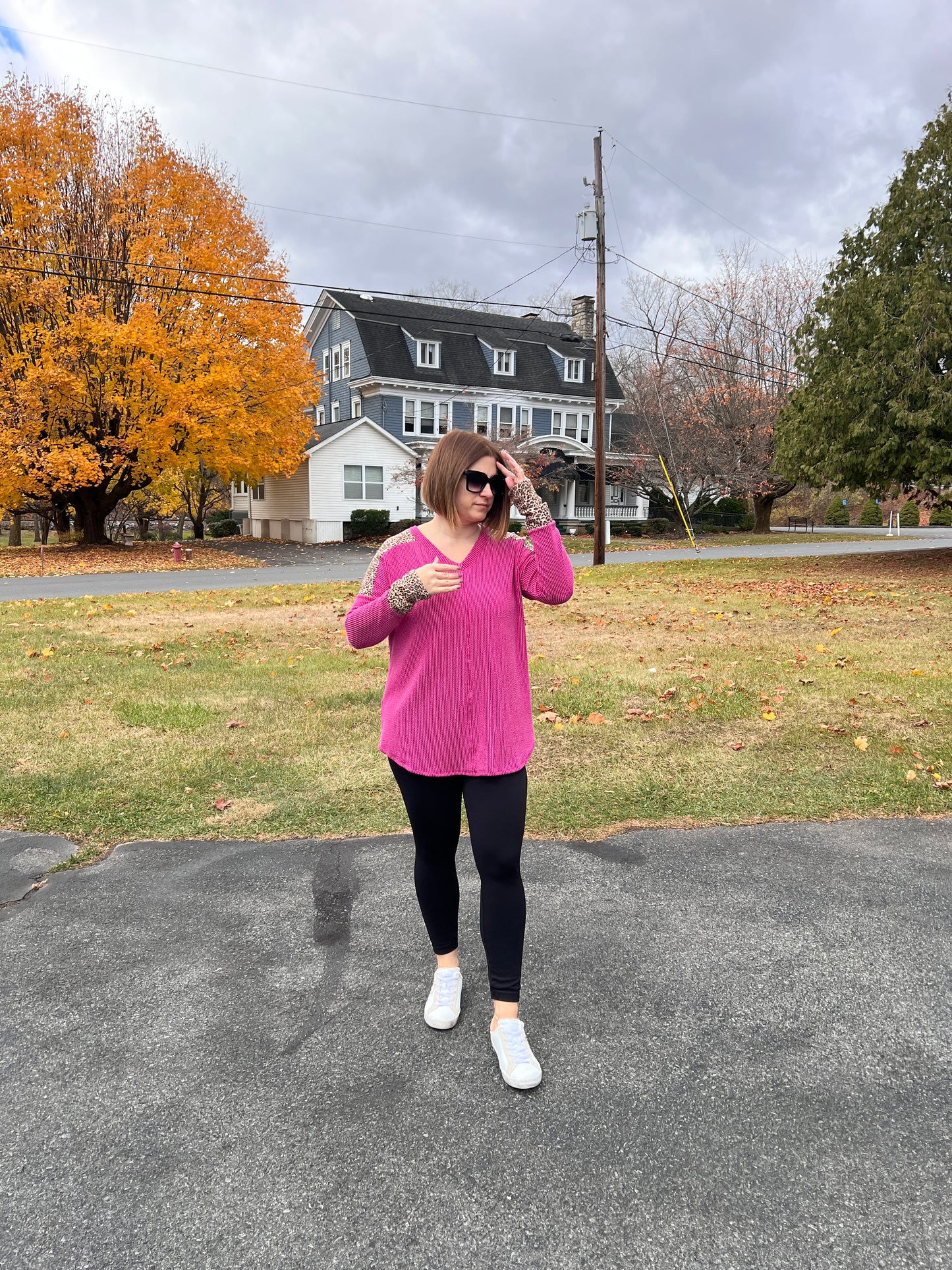 Pink Ribbed Animal Print V-Neck Long Sleeve