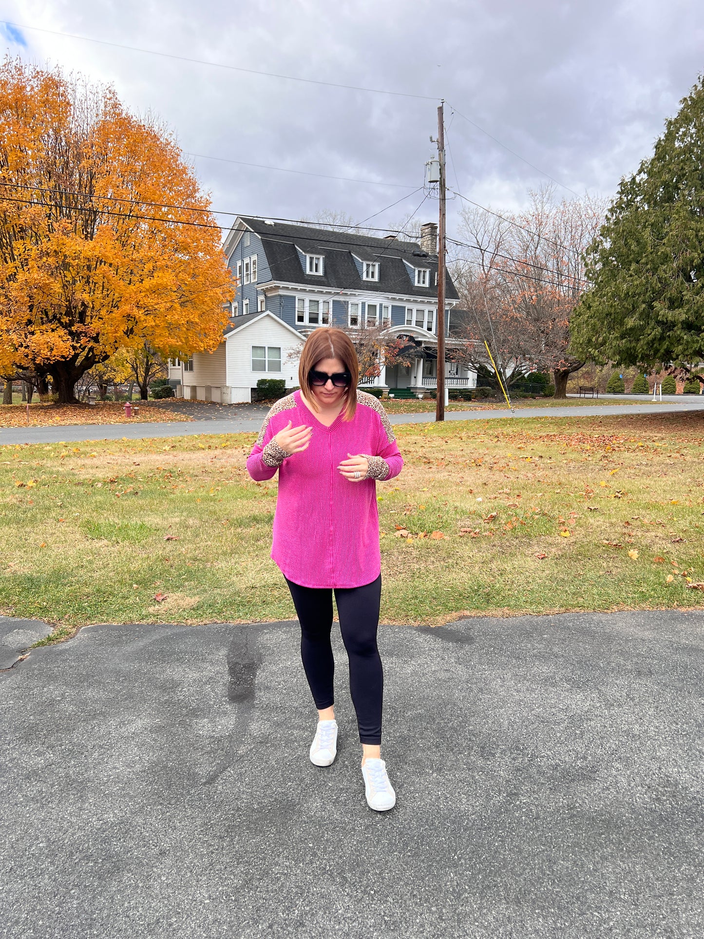 Pink Ribbed Animal Print V-Neck Long Sleeve