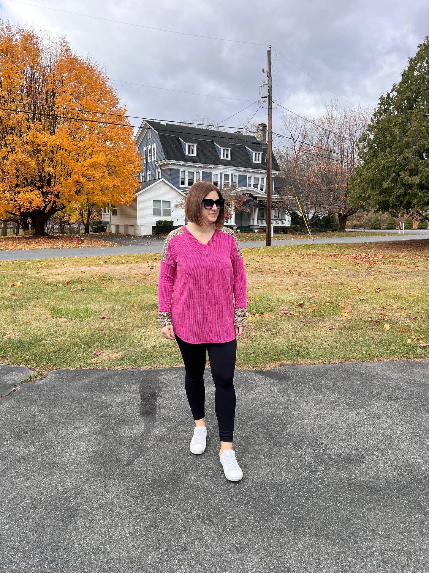 Pink Ribbed Animal Print V-Neck Long Sleeve