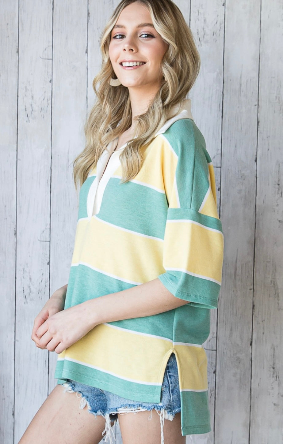 Striped Collar Drop Shoulder Top