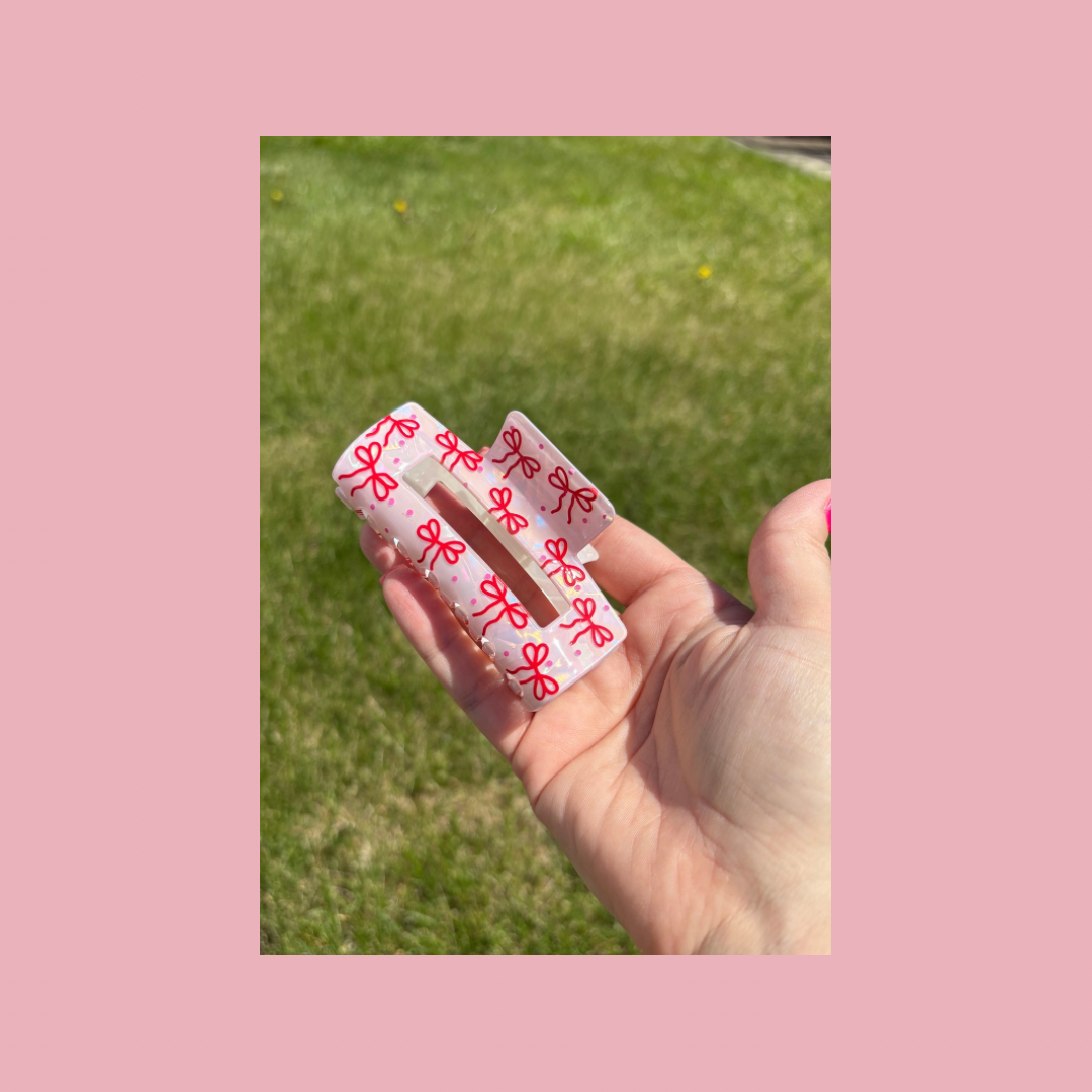 Pink and Red Bow Ribbon Hair Claw Clips