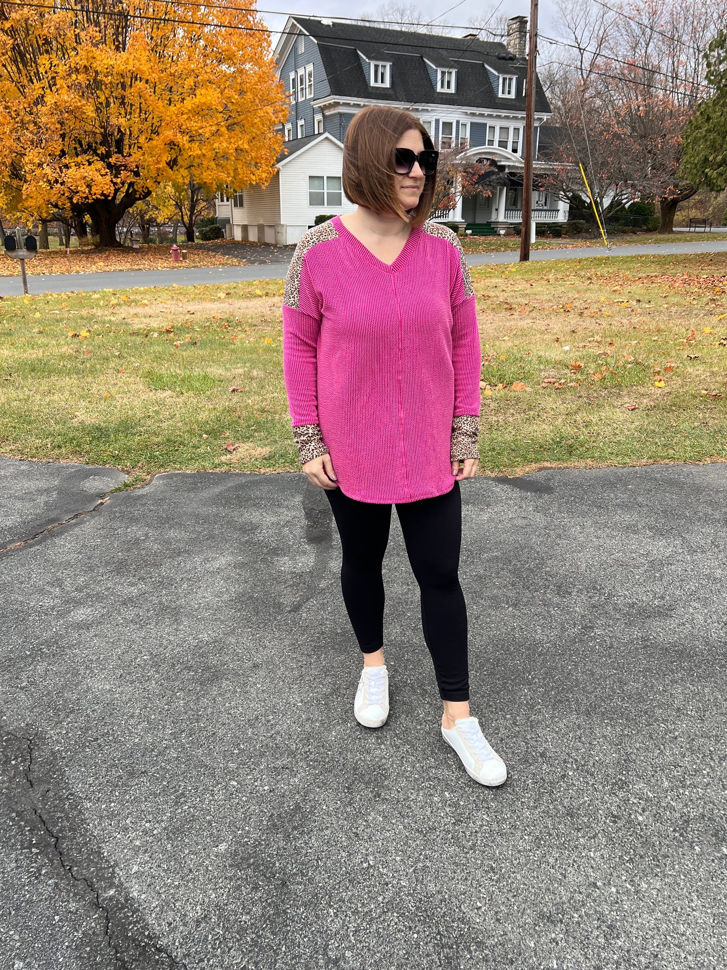 Pink Ribbed Animal Print V-Neck Long Sleeve