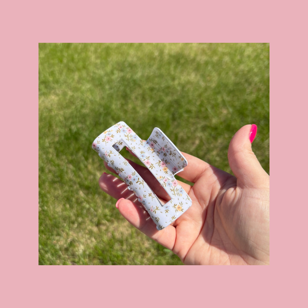 Floral Rose Rectangle Hair Claw Clips