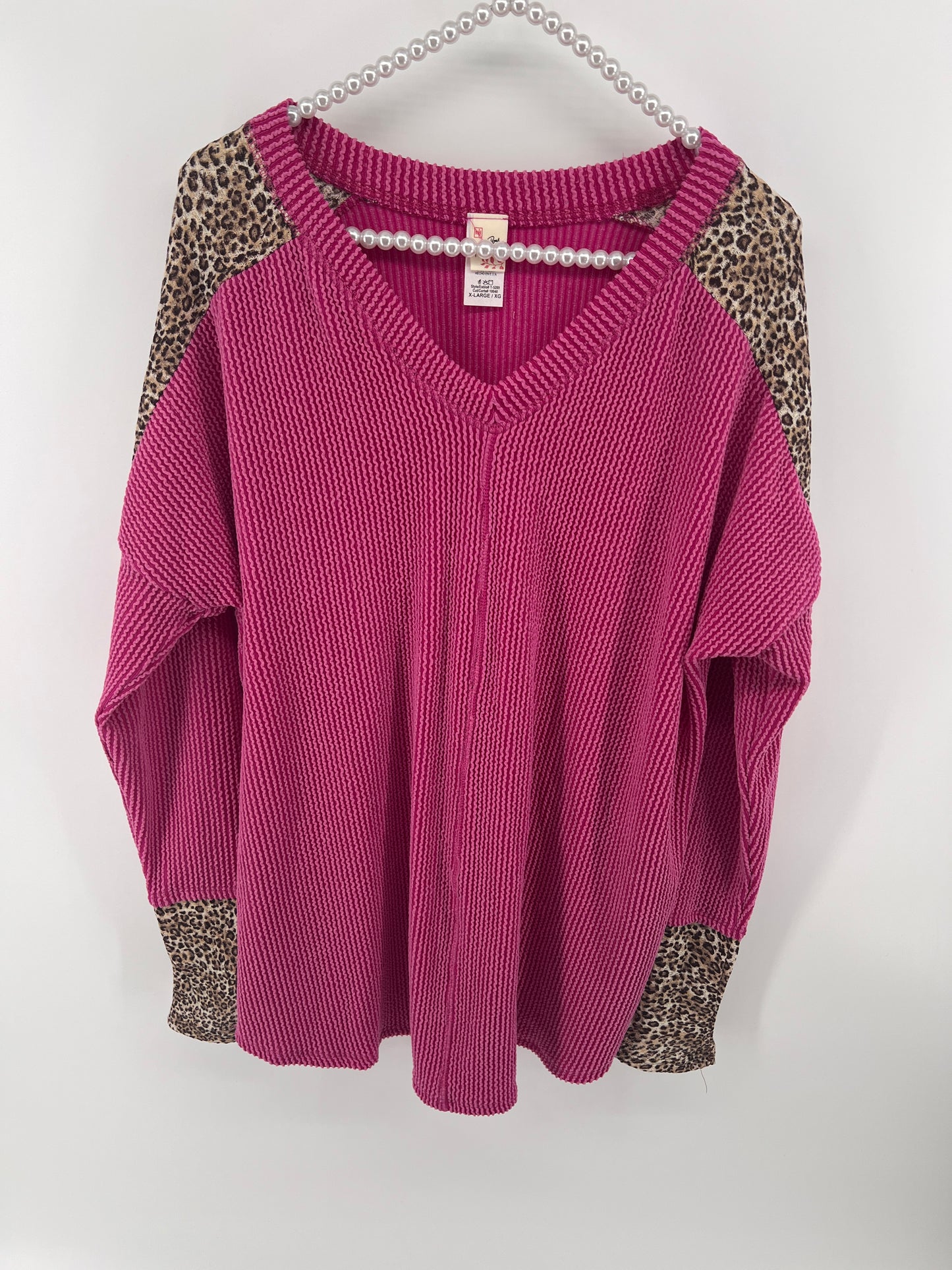 Pink Ribbed Animal Print V-Neck Long Sleeve