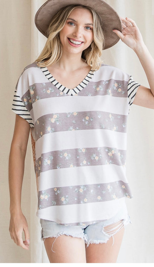 Floral Color Block V-Neck Top