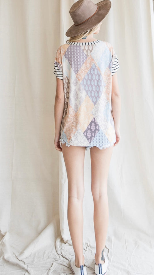 Floral Color Block V-Neck Top